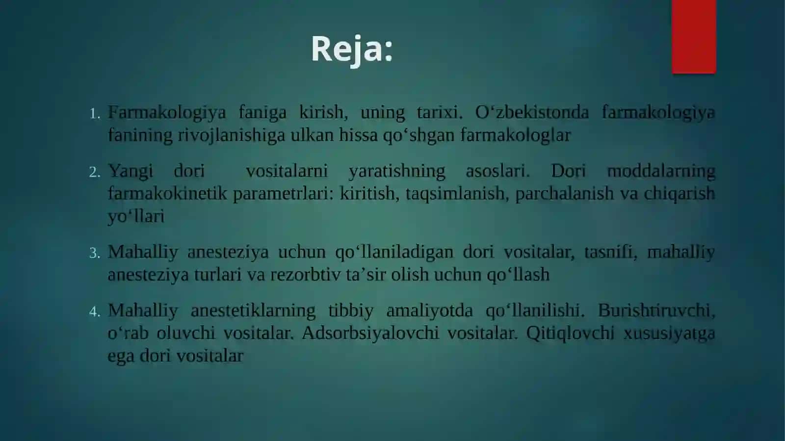 Umumiy farmakologiya. Dorimoddalarning farmakokinetikasi va farmakodinamikasi. Afferent innervatsiyaga ta'sir etuvchi dor vositalari 2