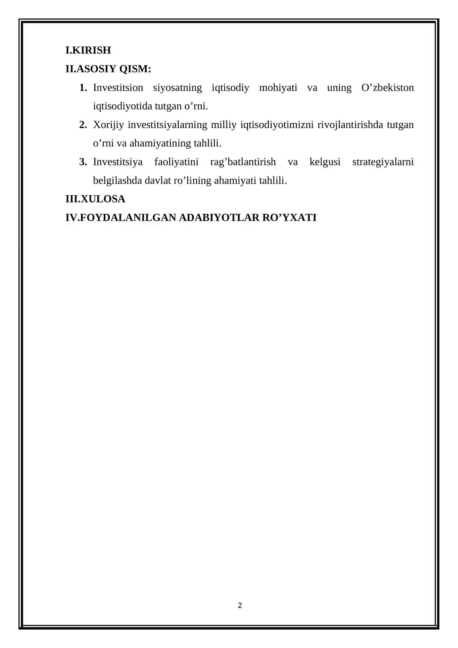 O’ZBEKISTON RESPUBLIKASI INVESTITSIYA SIYOSATI MAKROIQTISODIY TAHLIL 2