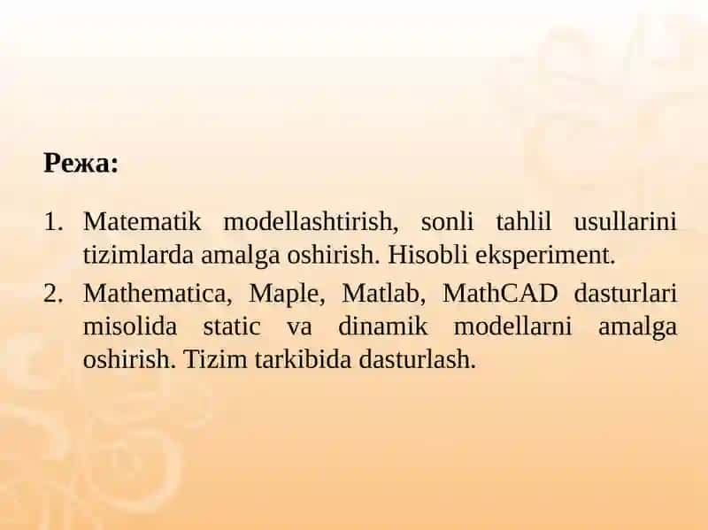 MATEMATIK MODELLASHTIRISH, SONLI TAHLIL USULLARINI TIZIMLARDAAMALGA OSHIRISH. HISOBLI EKSPERIMENT 2