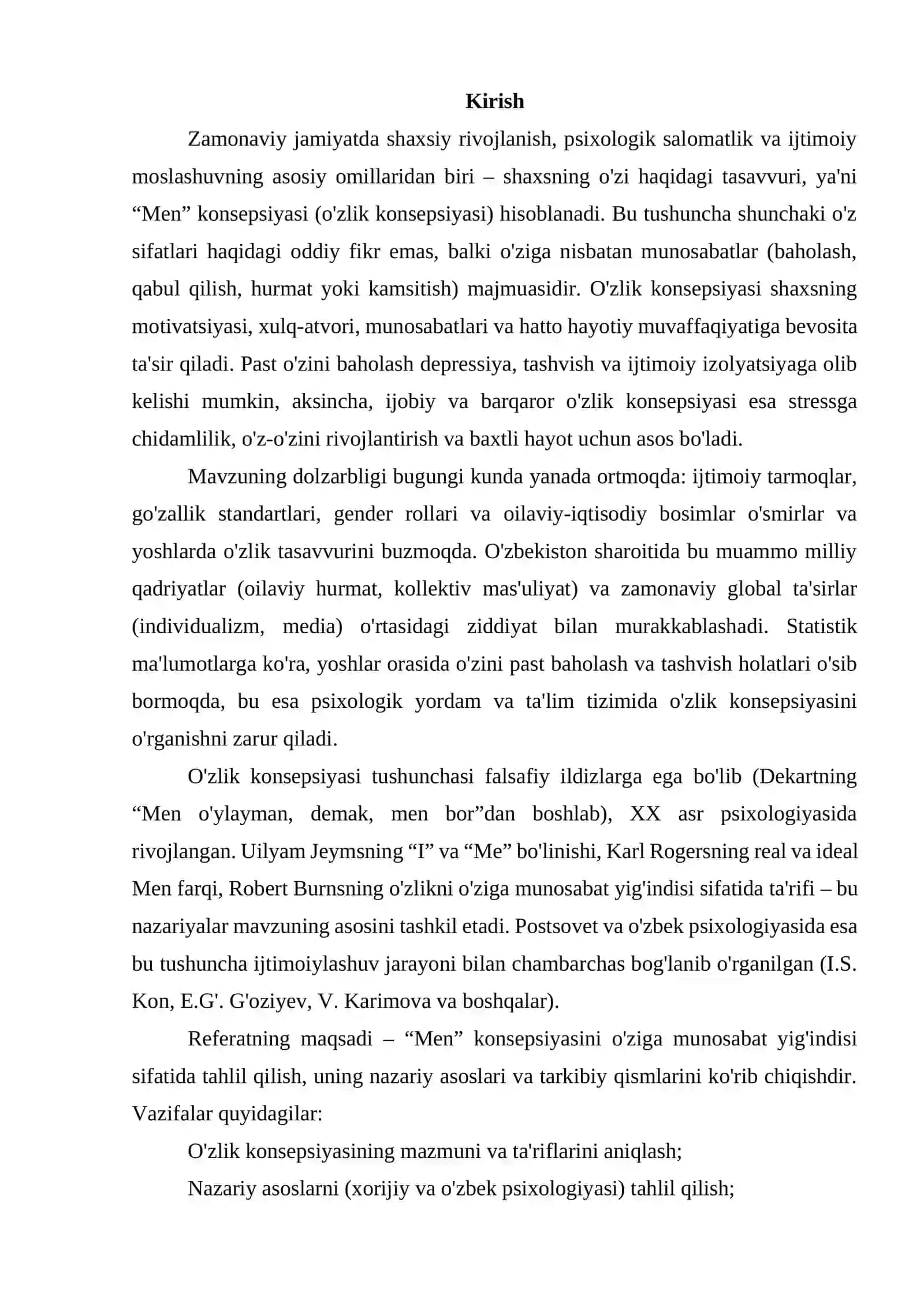 Men konsepsiya "o'ziga munosabat" yig'indisi sifatida 2