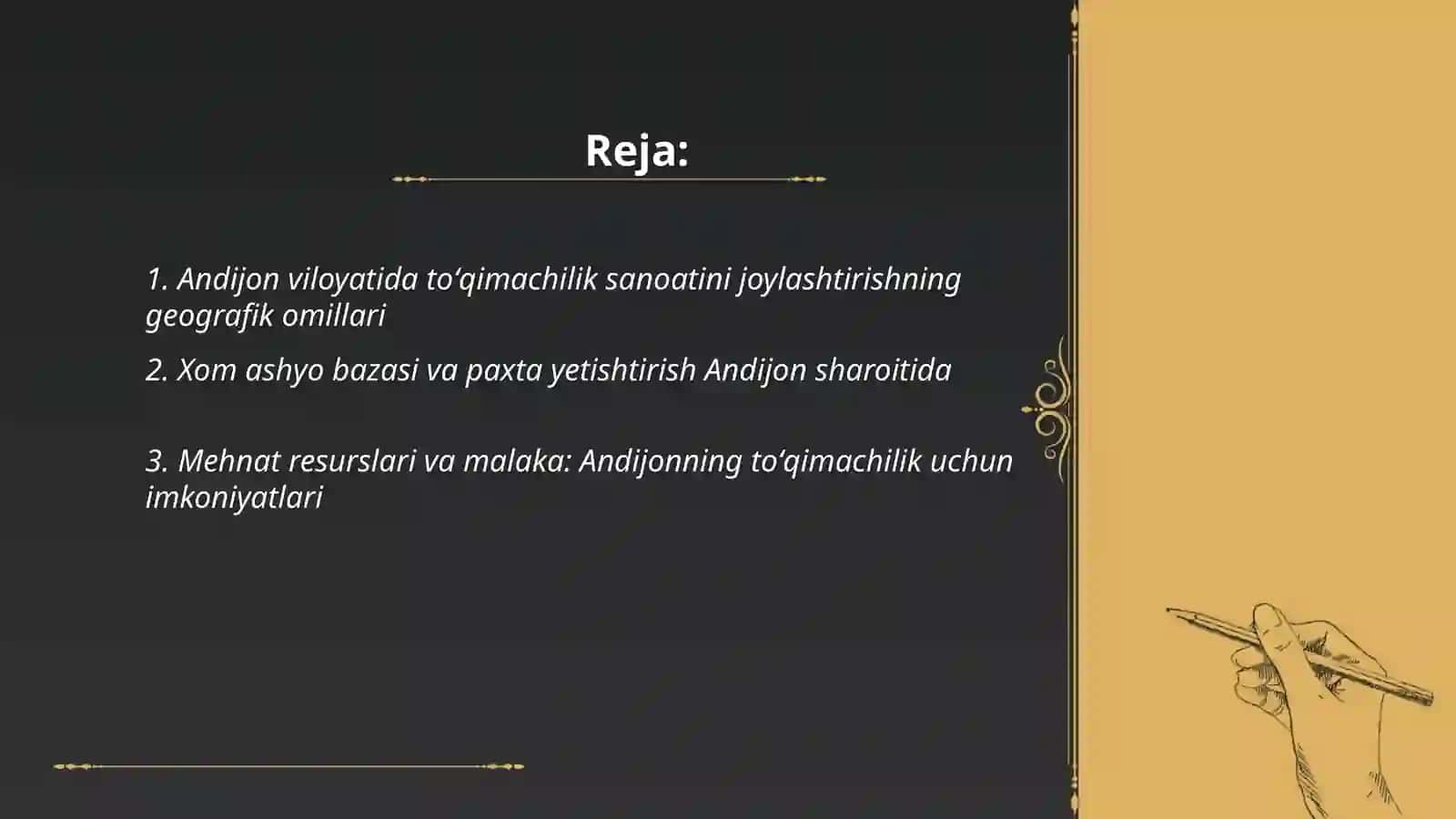 Toʻqimachilik sanoatini joylashtirish Andijon viloyati misolida 2