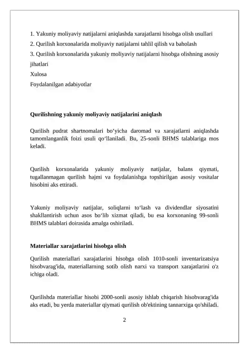 Qurilish korxonalarida yakuniy moliyaviy natijalar hisobi 2