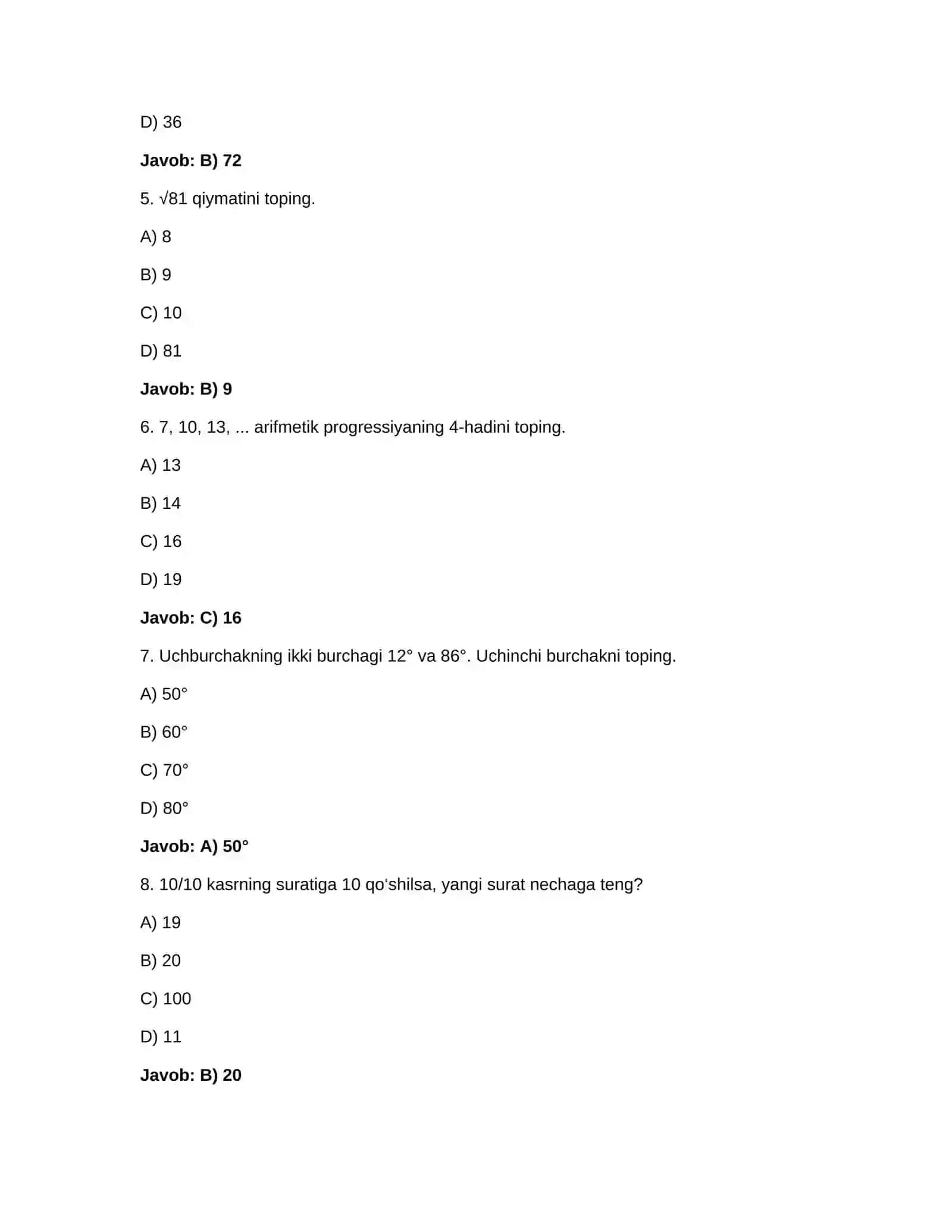 abitureyentlar uchun matematika testi va javobi 2