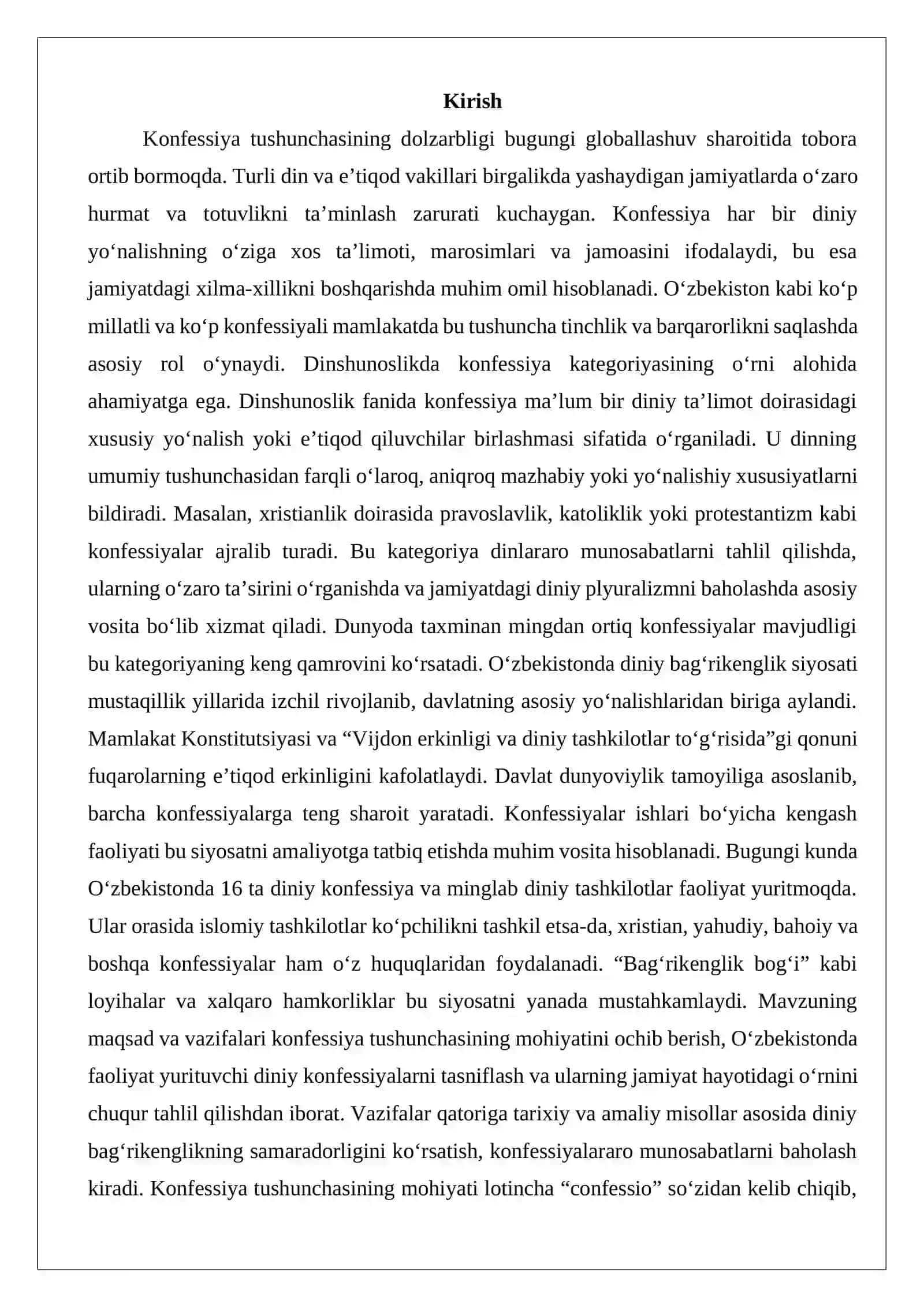 Konfessiya tushunchasining mohiyati va O‘zbekistonda faoliyat yurituvchi diniy konfessiyalarning tasnifi 2