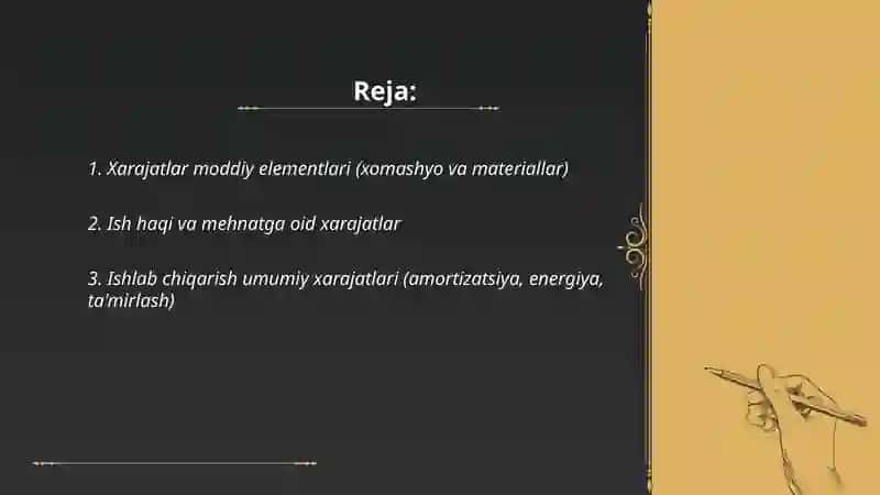 Xarajatlar moddalari boyicha mahsulot (ish,xizmat) ishlab chiqarish xarajatlarini hisobga olish 2