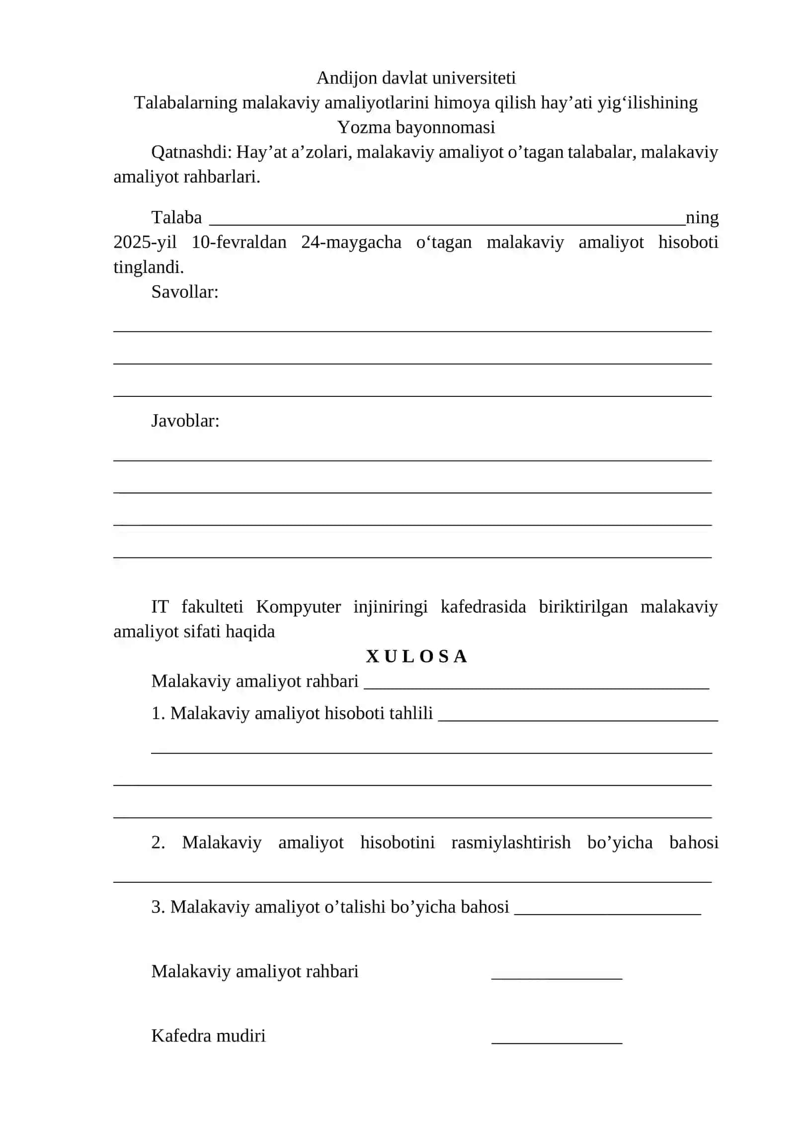 Talabalarning malakaviy amaliyotlarini himoya qilish hay’ati yig‘ilishining 2