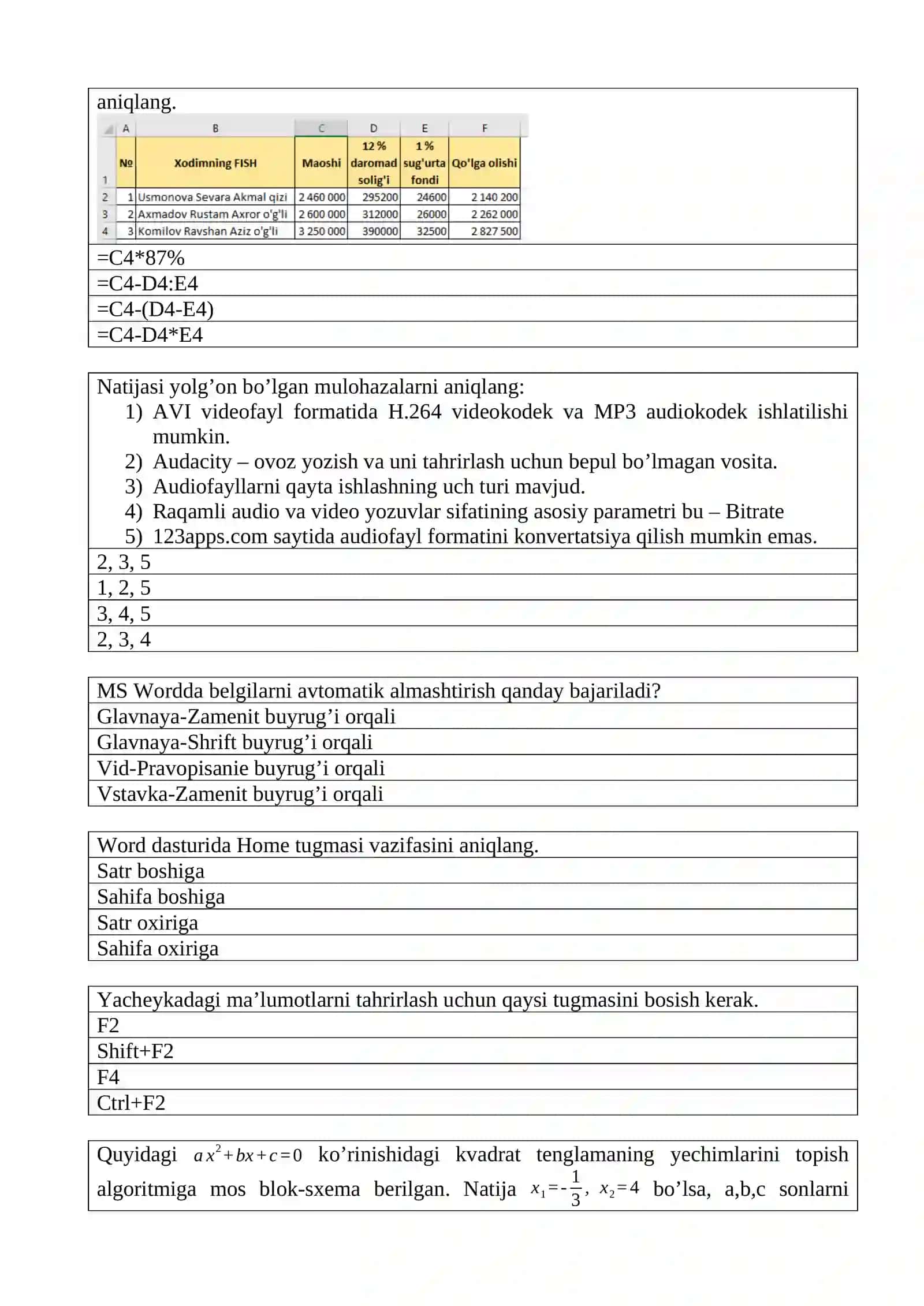 Attestatsiya testlari informatika 2