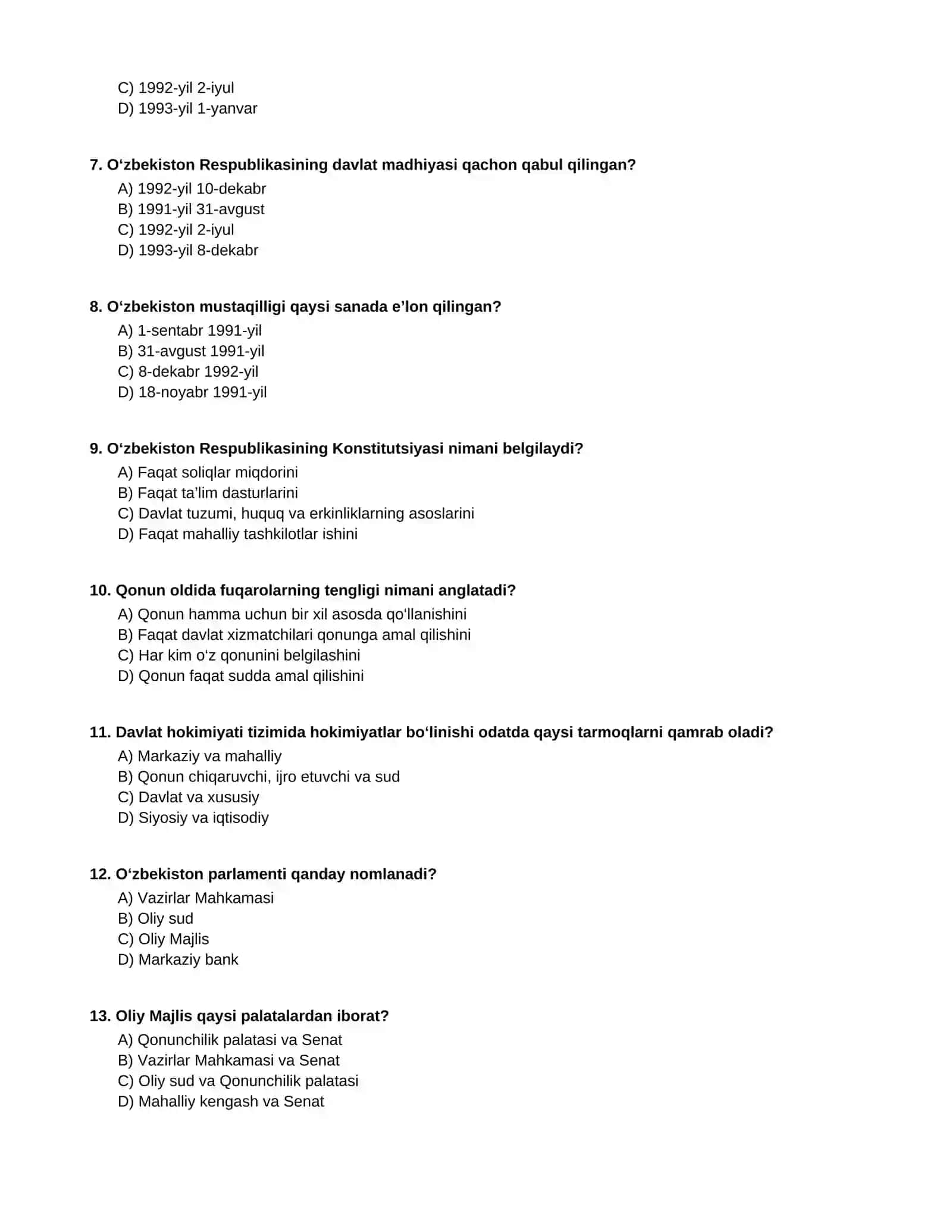 Davlat ishlariga kirish uchun testlar 2
