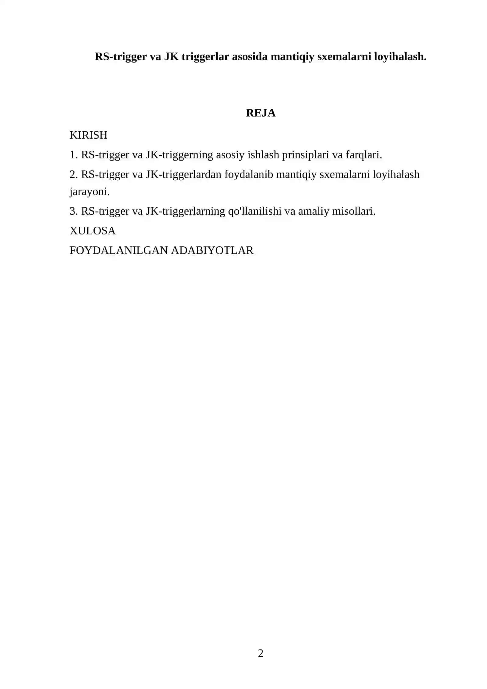 RS-trigger va JK triggerlar asosida mantiqiy sxemalarni loyihalash 2