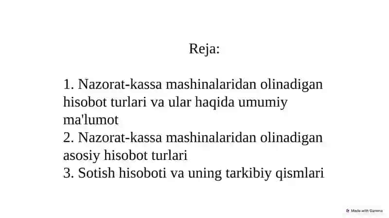 Nazorat-kassa mashinalaridan  olinadigan hisobot turlari va ular haqida umumiy  ma’lumot va davlat nazorati. 2
