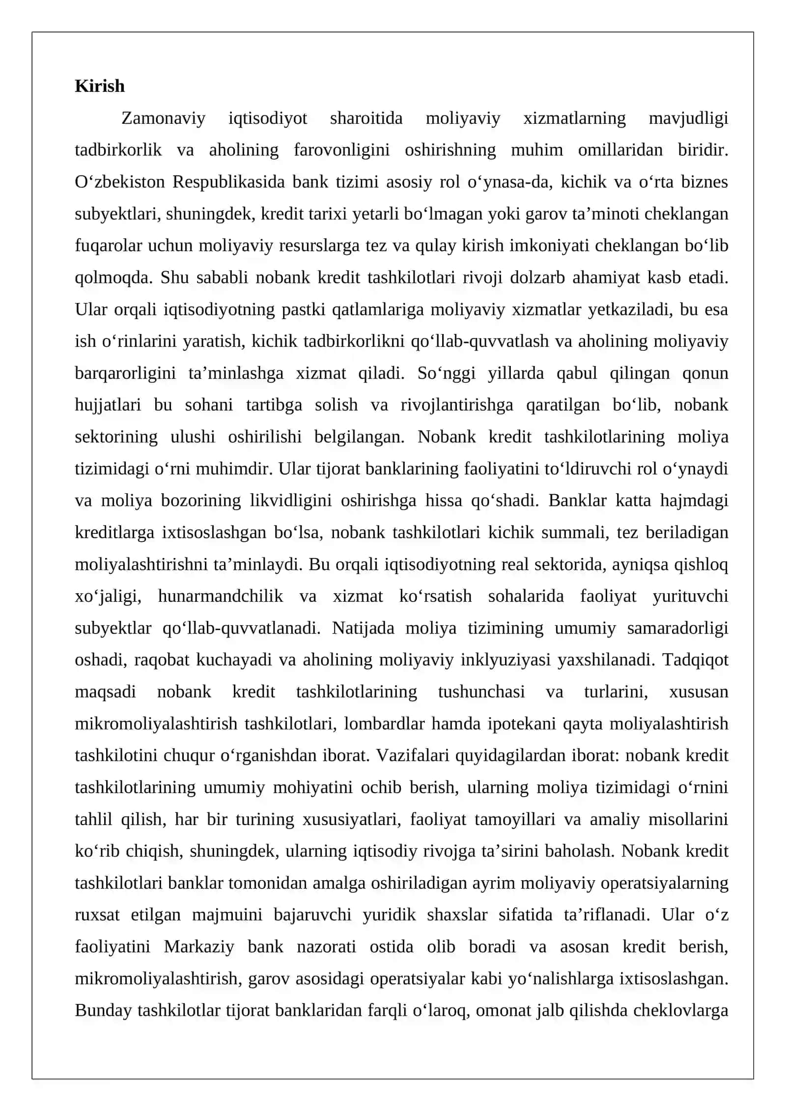 Nobank kredit tashkilotlar tushunchasi, turlari: mikromoliyalashtirish tashkilotlari, lombardlar, ipotekani qayta moliyalashtirish tashkiloti 2