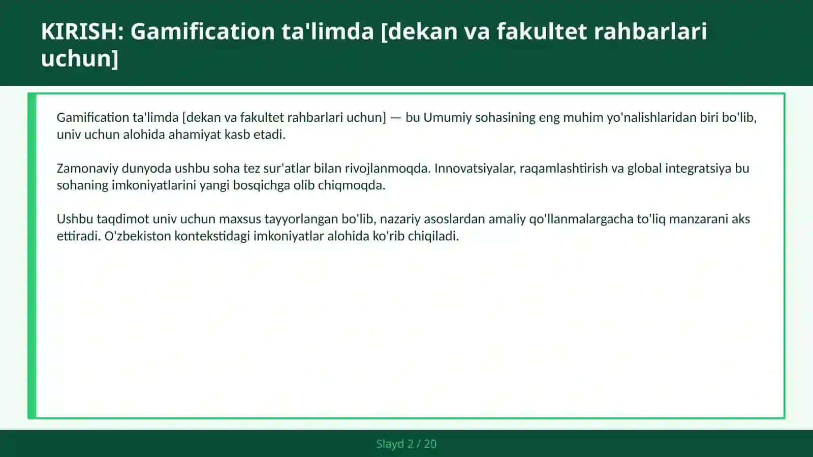 Gamification ta'limda [dekan va fakultet rahbarlari uchun] 2