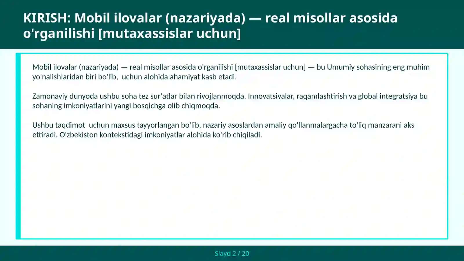 MOBIL ILOVALAR (NAZARIYADA) — REAL MISOLLAR ASOSIDA O'RGANILISHI [MUTAXASSISLAR UCHUN] 2