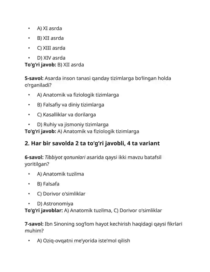 "Ibn Sinoning Tibbiyot qonunlari asari" test savollari 2