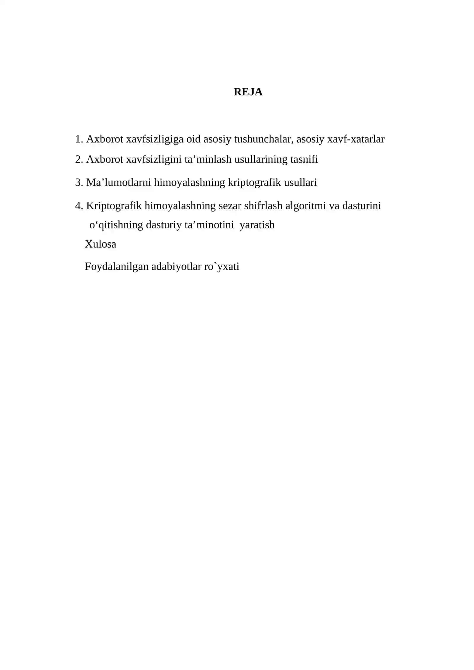 “Axborot xavfsizligini ta’minlashning kriptografik usullari” Referat. 2