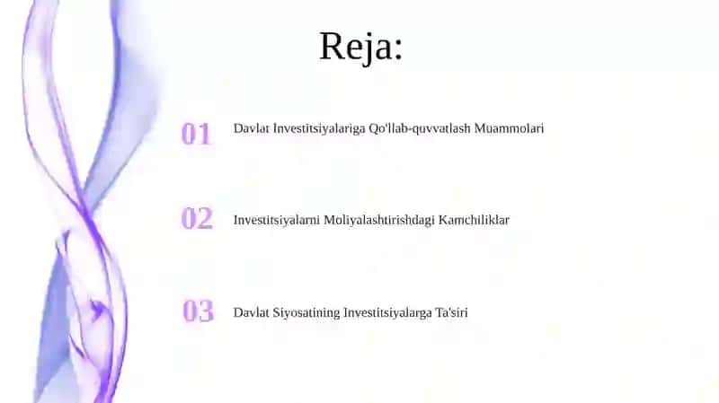 Investitsiyalarni davlat tomonidan qo'llab-quvvatlash masalalari 2