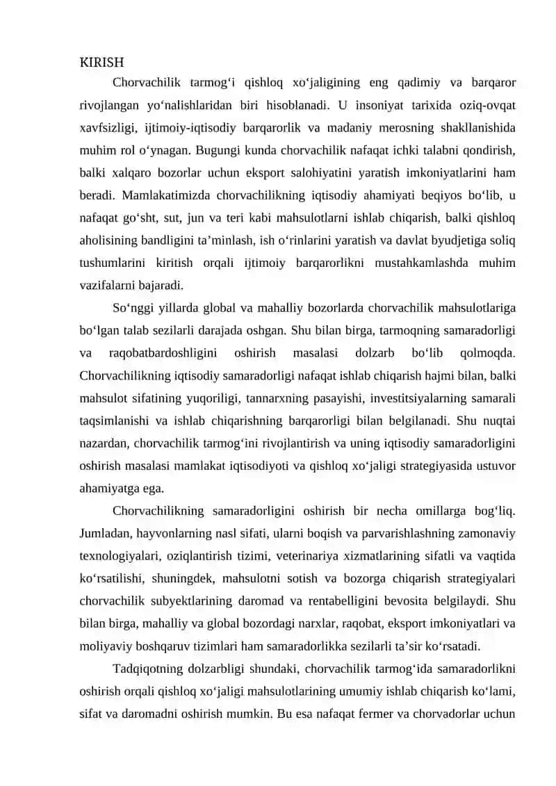 CHORVACHILIK TARMOG‘INING IQTISODIY SAMARADORLIGINI OSHIRISH 2