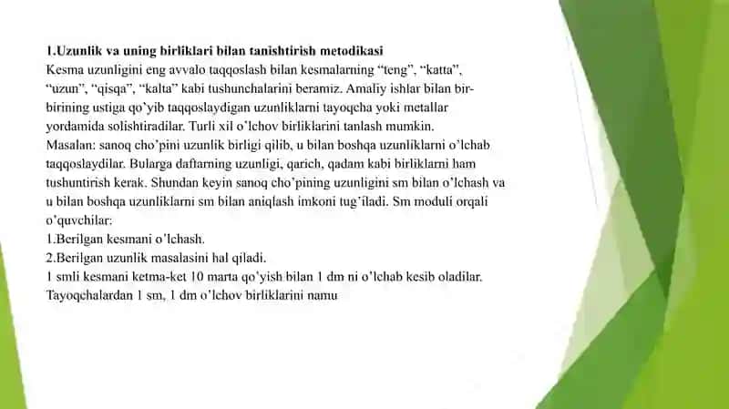 Uzunlik(masofa) oʻlchov birliklarini oʻrgatish metodikasi. 2
