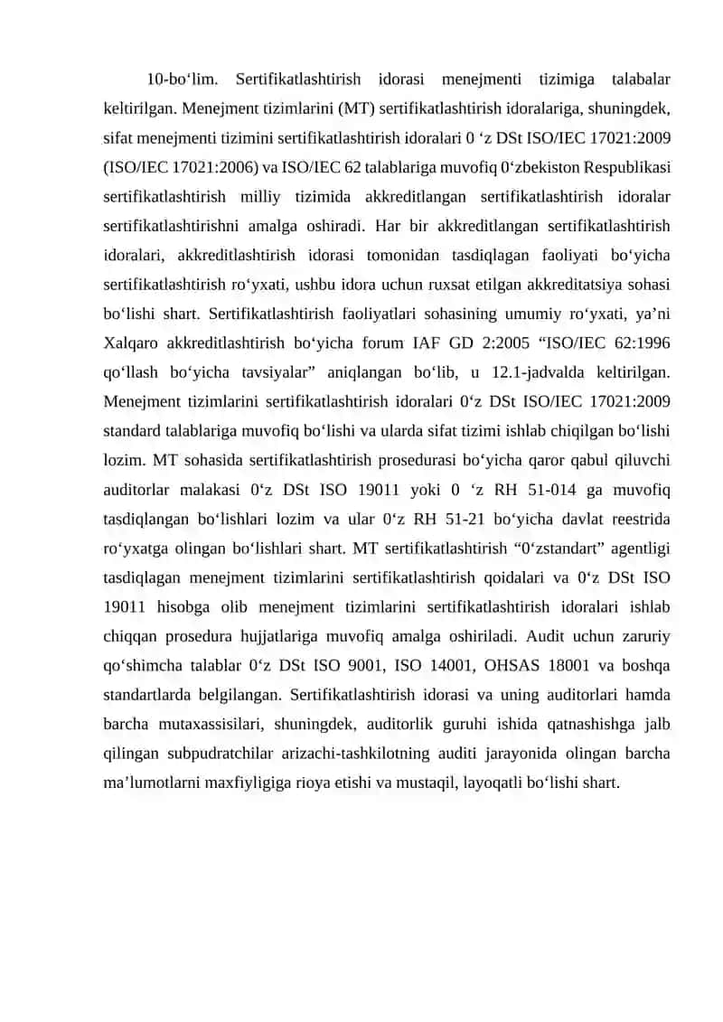 Sifat menejment tizimlarini sertifikatlashtirish idoralariga qo‘yilgan talablar 2