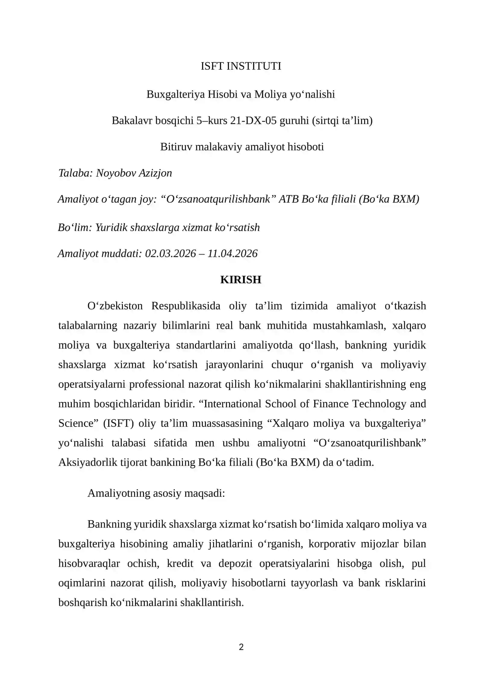 Oʻzsanoat qurilish bank. Bitiruv malakaviy amaliyot hisoboti 2