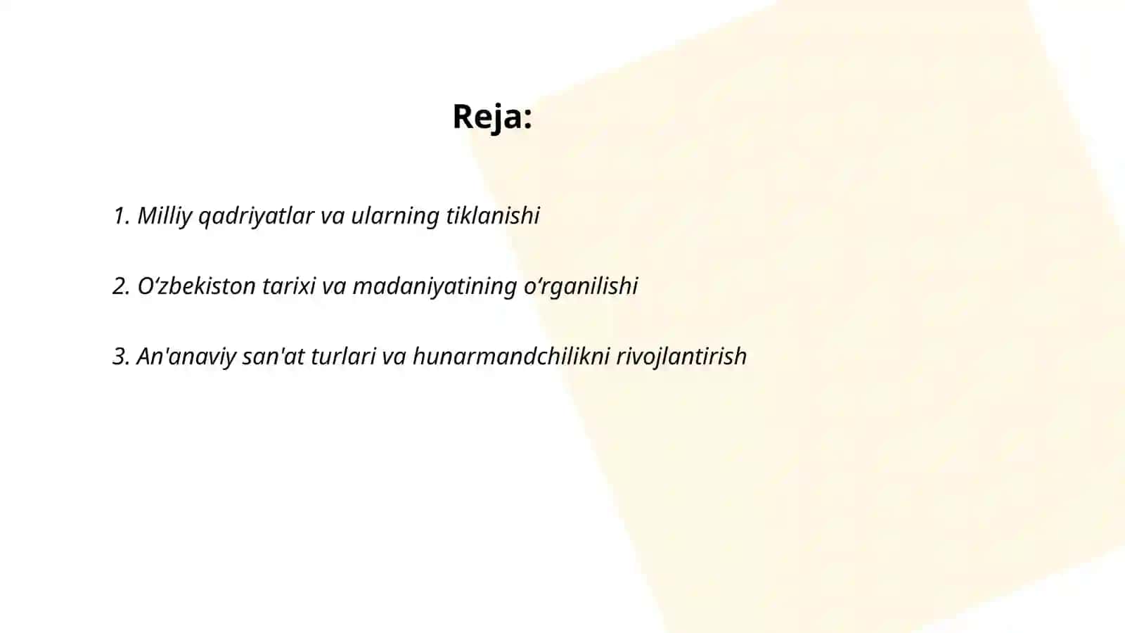 Oʻzbekistonda Milliy qadriyatlar va tarixni tiklash borasida amlaga oshirilayotgan islohotlar mazmuni 2