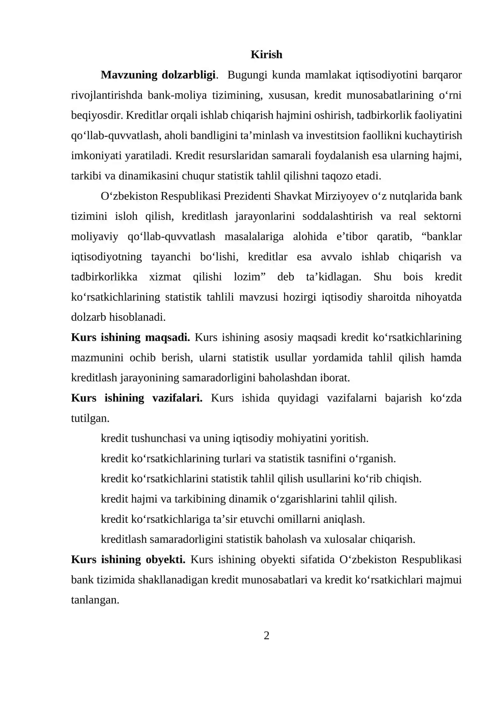 KREDIT KÒRSATKICHLARINING STATISTIK TAHLILI 2