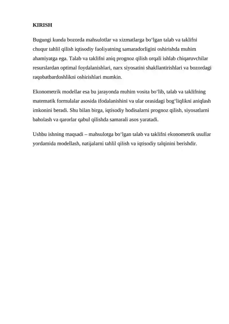 Mahsulotga bo‘lgan talab va taklifning ekonometrik modellarini tuzish 2