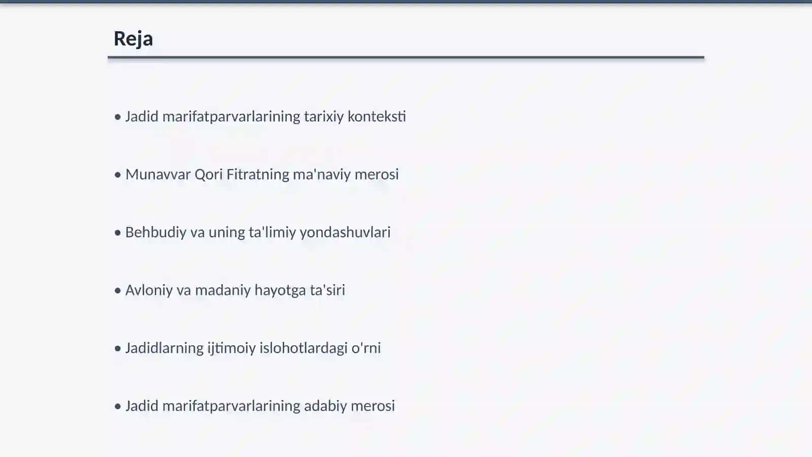 Jadid marifatparvarlarining òlka ijtimoiy -ma'naviy hayotida tutgan òrni (Munavvar Qori Fitrat Behbudiy,Avloniy va boshqalar) 2