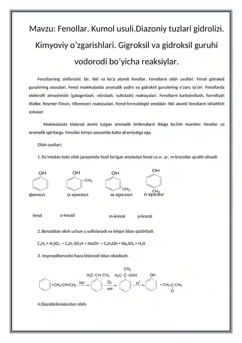 Fenollar. Kumol usuli.Diazoniy tuzlari gidrolizi 2