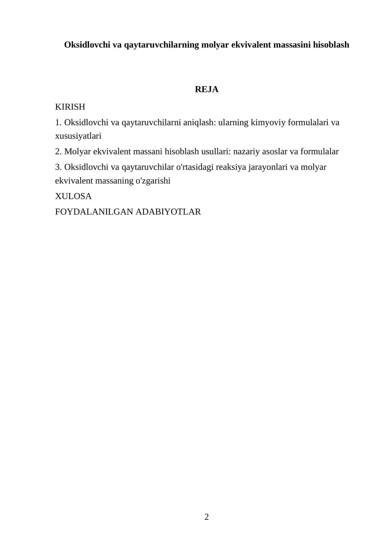 Oksidlovchi va qaytaruvchilarning molyar ekvivalent massasini hisoblash 2
