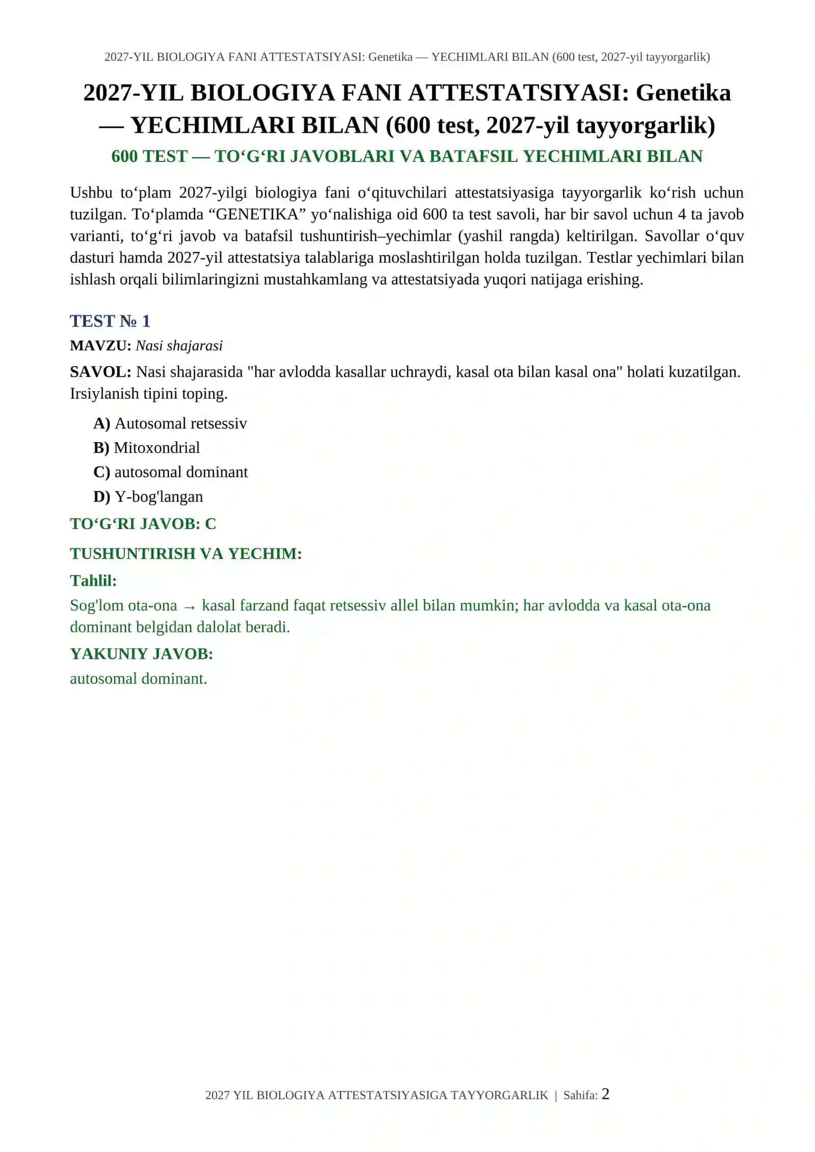 2027-YIL BIOLOGIYA FANI ATTESTATASI: Genetika — YECHIMLARI BILAN (600 test, 2027-yil tayyorgarlik) 2