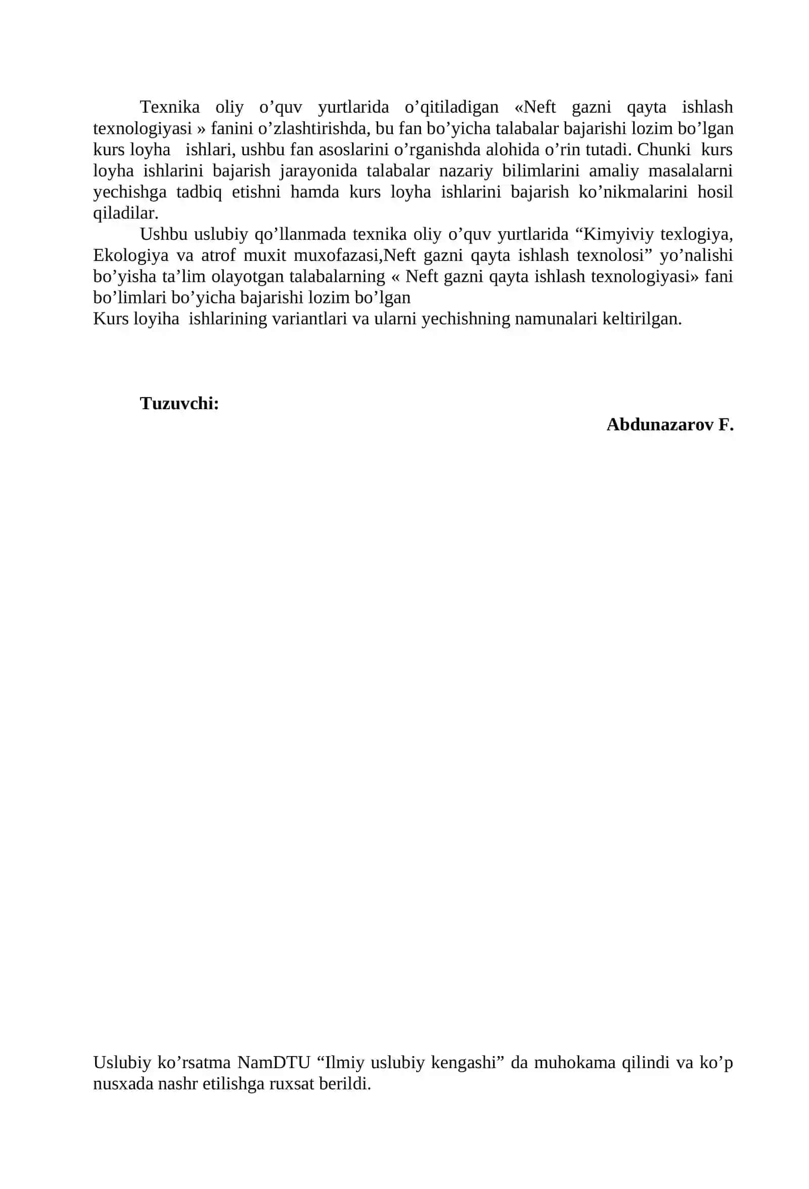 ASOSIY TEXNOLOGIK JARAYON VA QURILMALAR fаnidаn kurs ishi loyhalarni bаjаrish bo’yichа uslubiy ko’rsatma 2