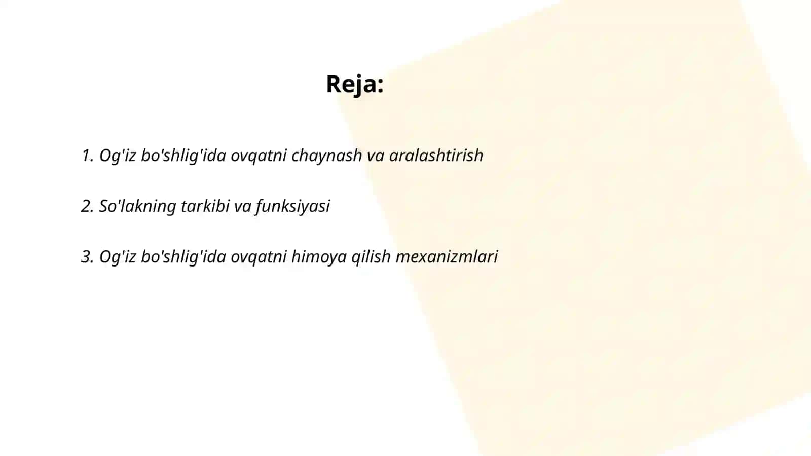 Oğiz Bóshliğida Ovqat Hazm Qilish 2