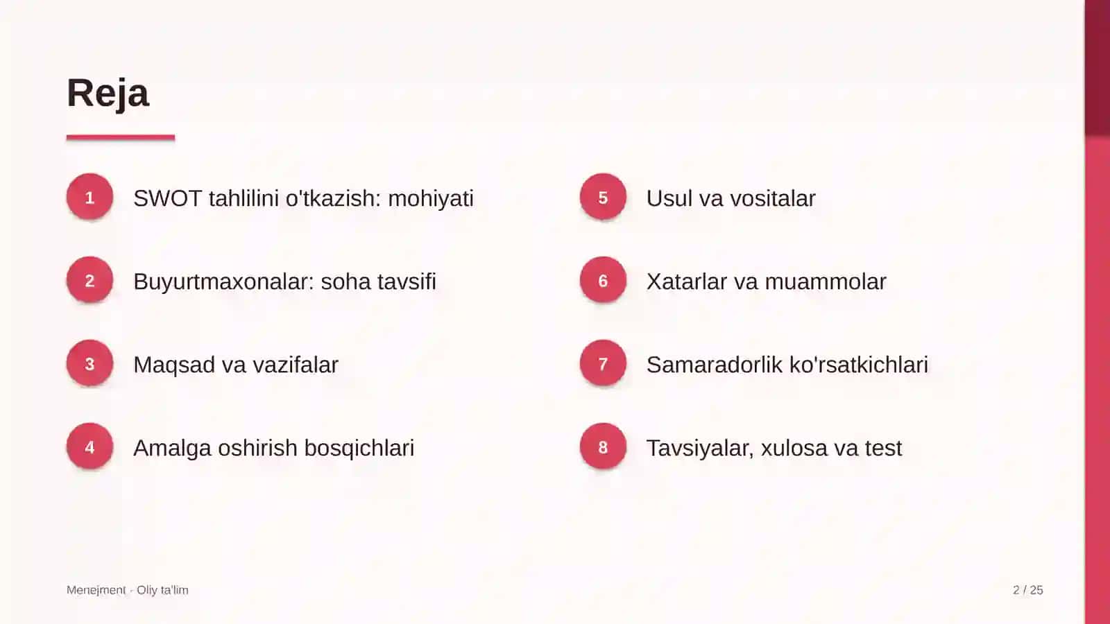 Buyurtmaxonalarda SWOT tahlilini o'tkazish 2