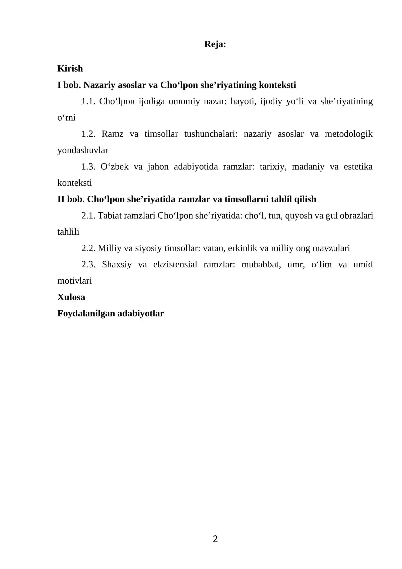 "CHOʻLPON SHEʼRIYATIDA RAMZ VA TIMSOLLAR" MAVZUSIDAGI KURS ISHI 2