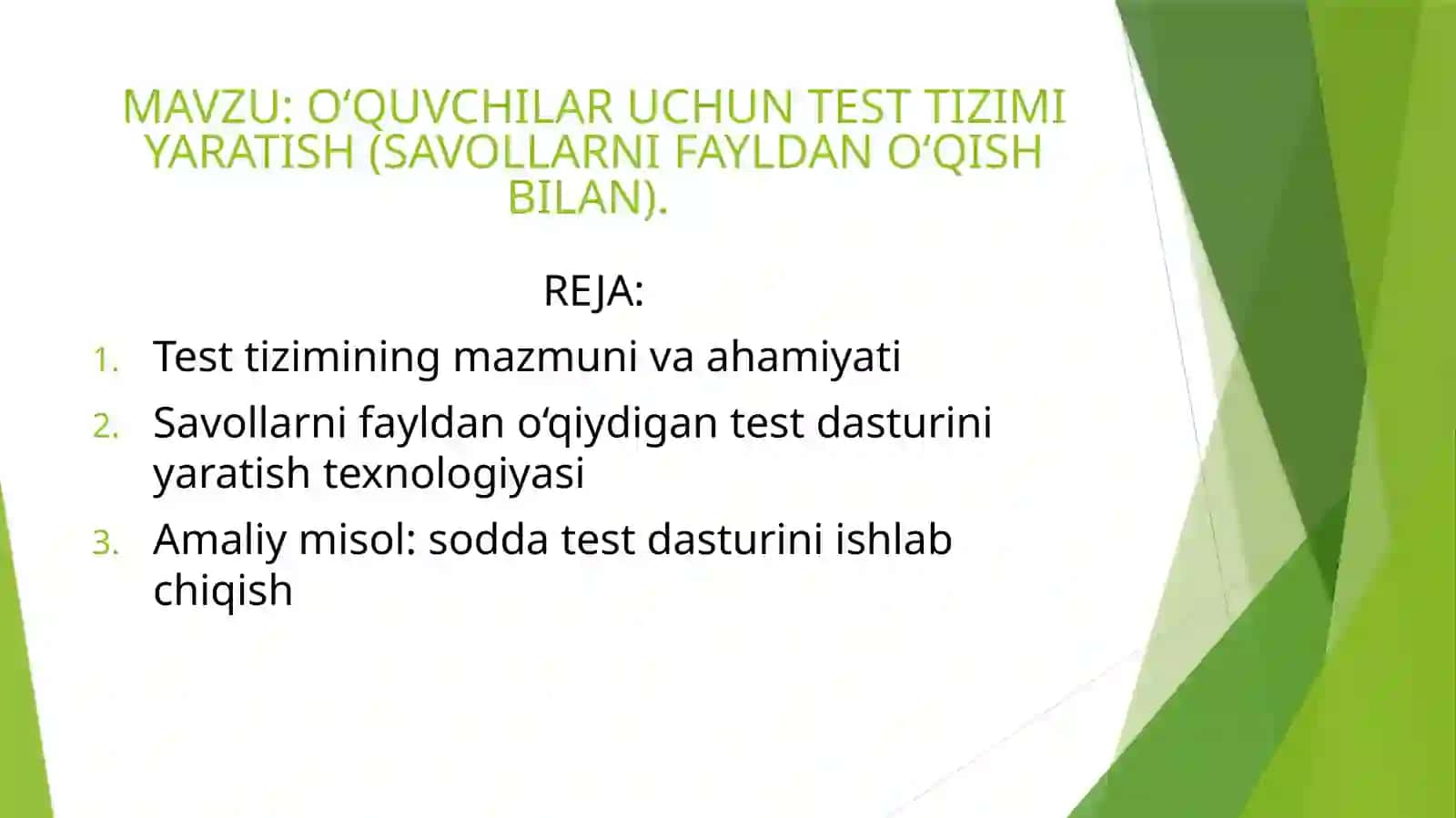 O‘QUVCHILAR UCHUN TEST TIZIMI YARATISH (SAVOLLARNI FAYLDAN O‘QISH BILAN) 2