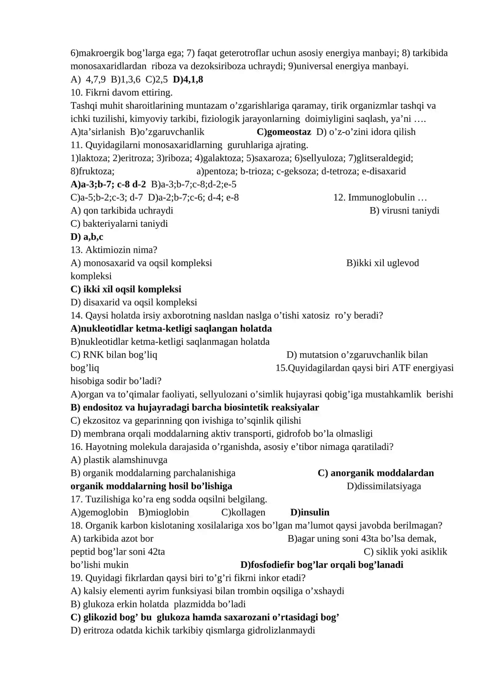 Biologiya fanidan 1200ta mavzulashtirilgan testlar javoblari bilan. 2