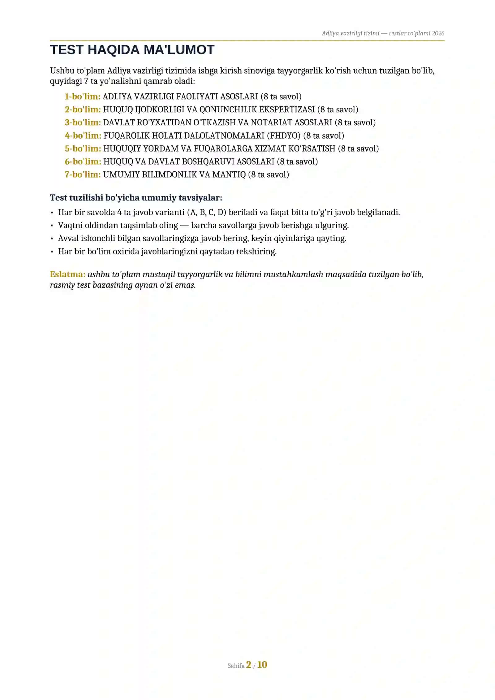 ADLIYA VAZIRLIGI TIZIMIGA
TESTLAR TO'PLAMI 2