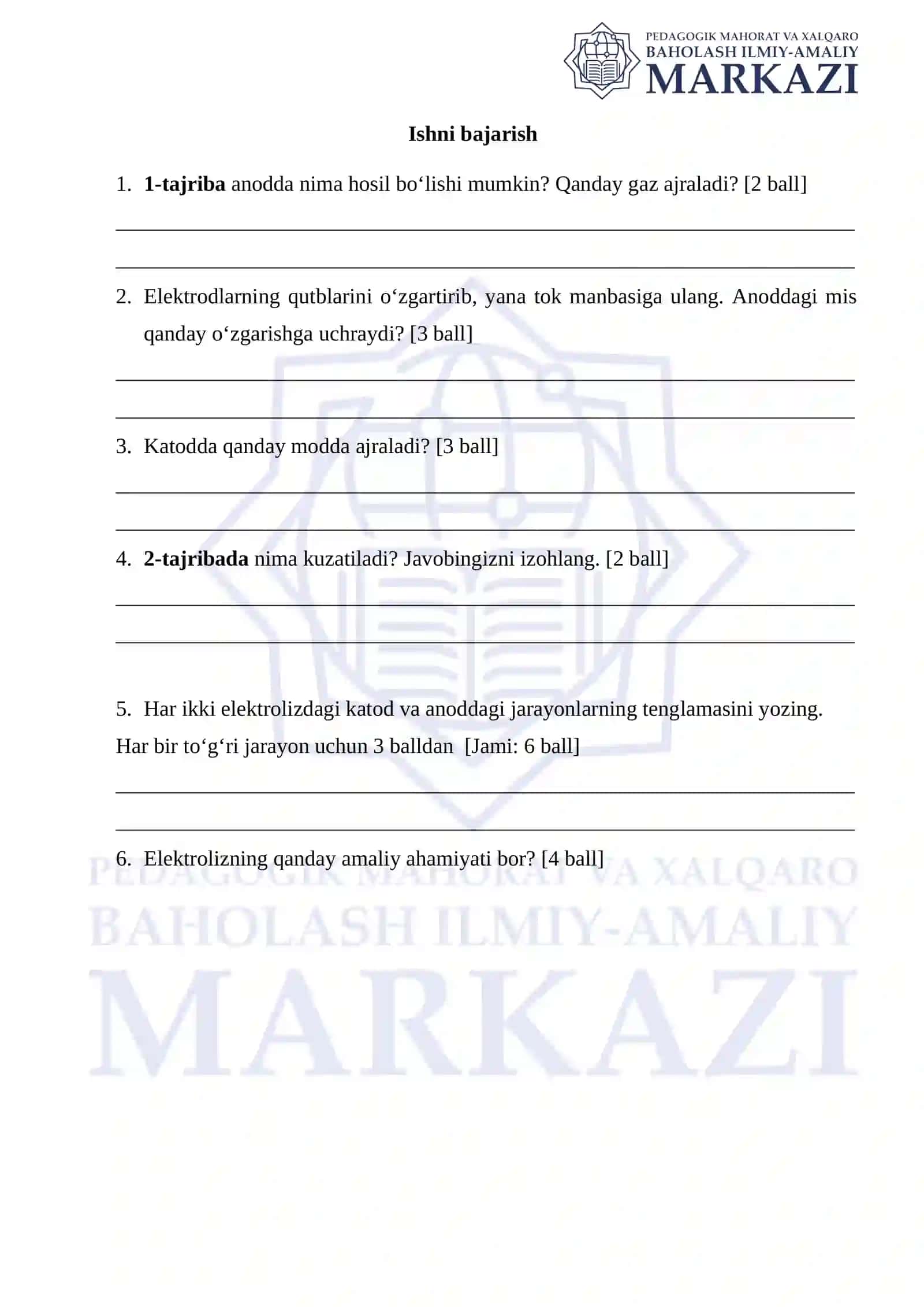 Kimyo fanini amaliy o‘zlashtirish darajasini aniqlash uchun qo'llanma 2