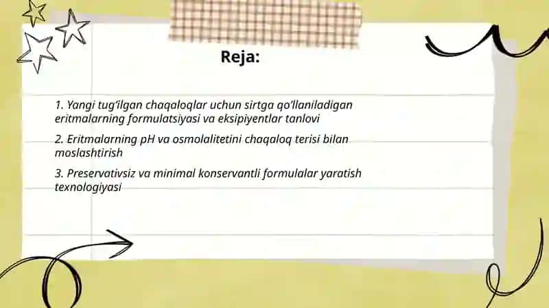 Yangi tug'ilgan chaqaloqlarga mo‘ljallangan sirtga qo‘llaniladigan eritmalar texnologiyasi 2