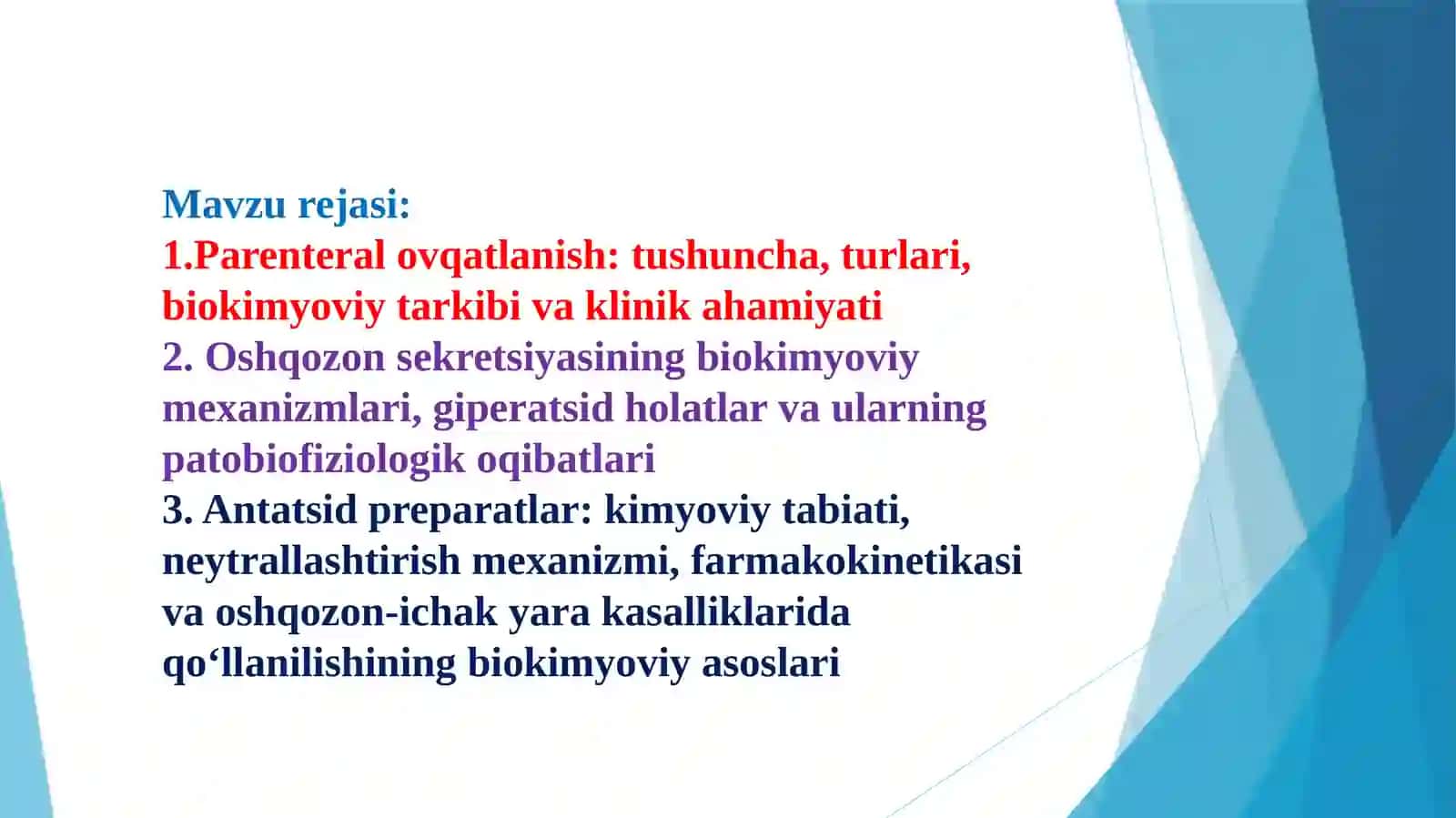 Parenteral ovqatlanish va uning klinik ahamiyati. Giperatsid holatlarda va oshqozon - ichak yara kasalliklarida antatsid preparatlarni qo’llashning biokimyoviy asoslari taqdimot 2
