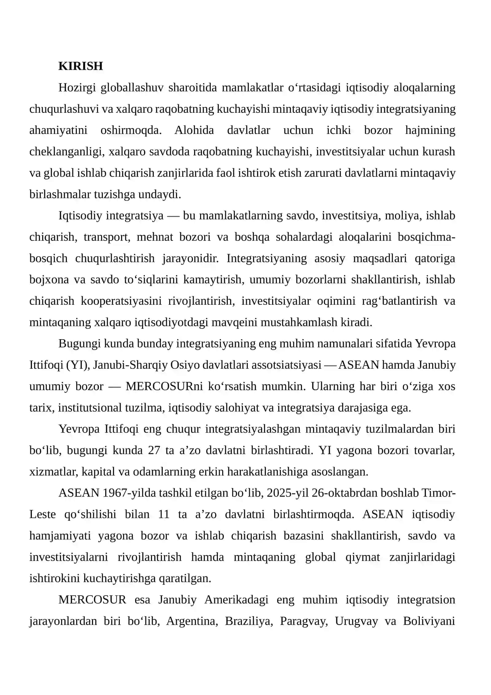 YEVROPA ITTIFOQI, ASEAN VA MERCOSUR INTEGRATSION BIRLASHMALARINING FAOLIYATINI O‘RGANISH 2