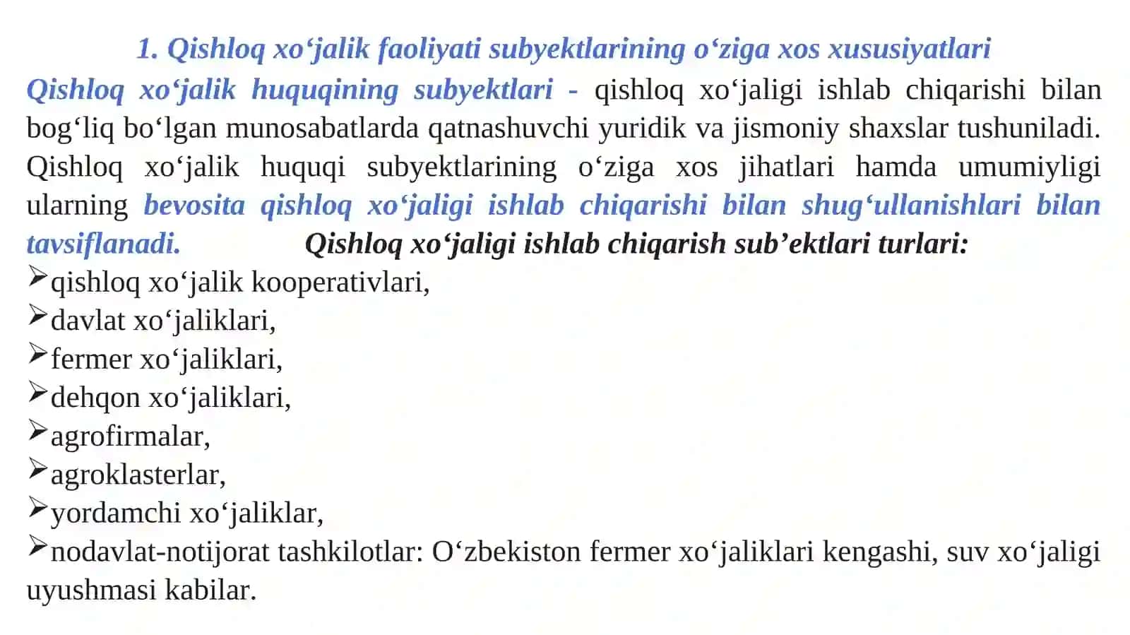 QISHLOQ XO‘JALIK FAOLIYATI SUBYEKTLARINING O‘ZIGA XOSLIGI VA HUQUQIY HOLAT 2