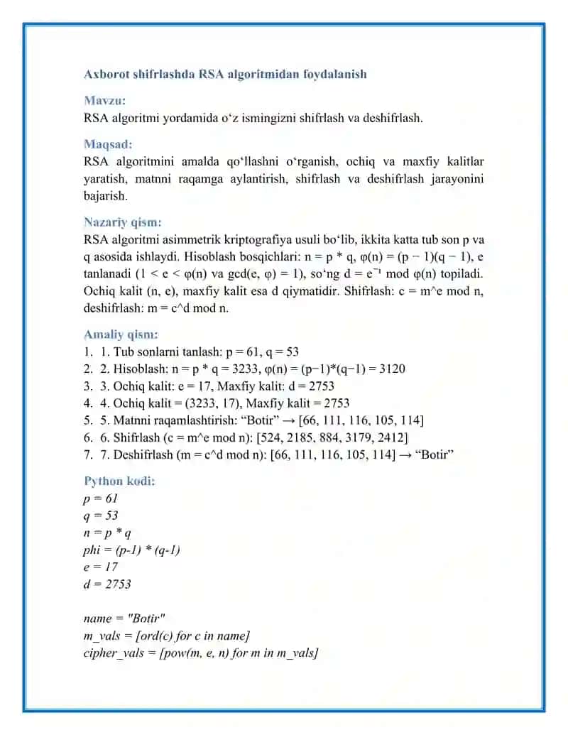 Kibermakonda axborot shifrlash — RSA bilan  ismni shifrlash va deshifrlash (laboratoriya ishi, DOCX) 2