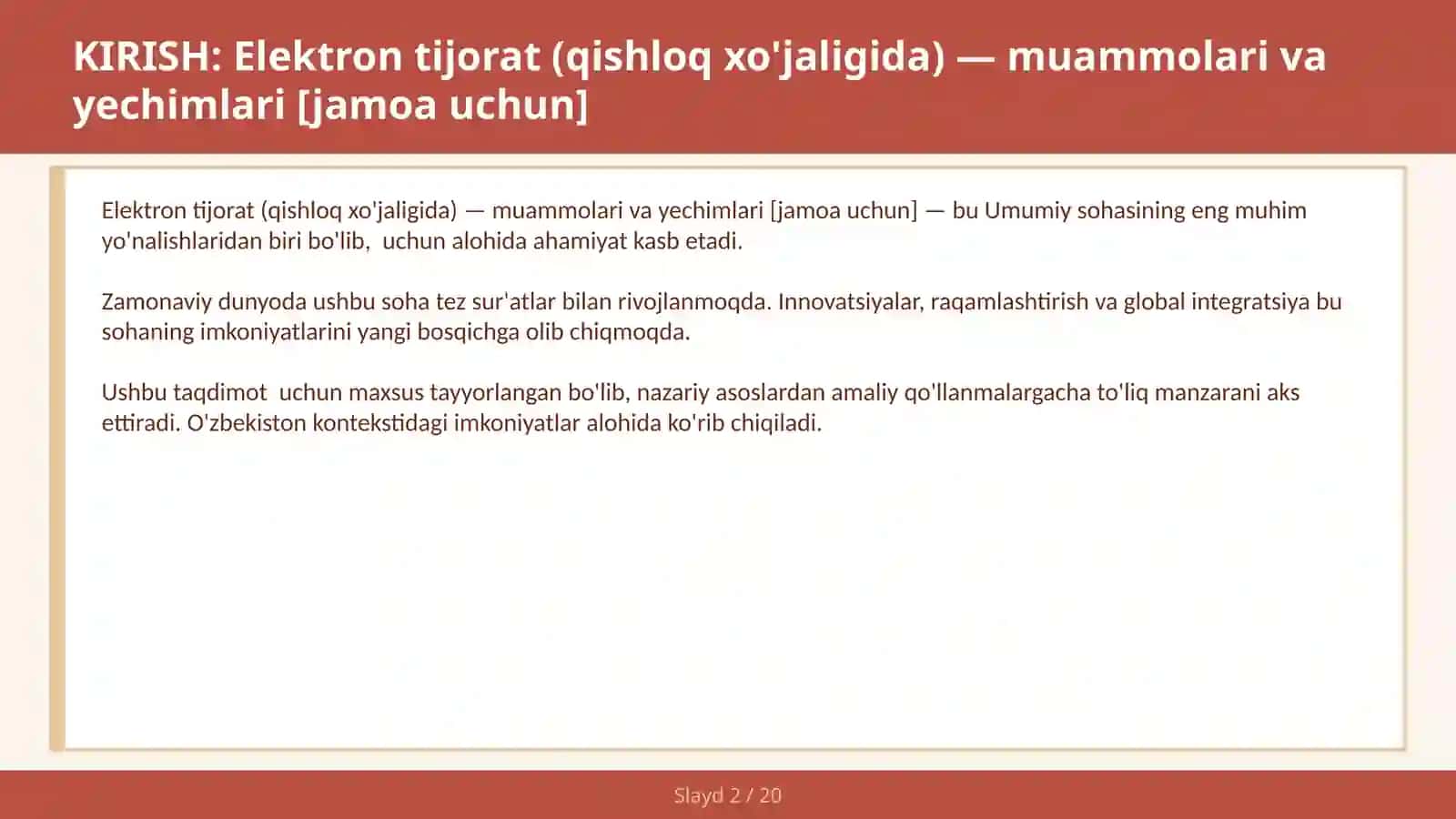 Elektron tijorat (qishloq xo'jaligida) — muammolari va yechimlari [jamoa uchun] 2