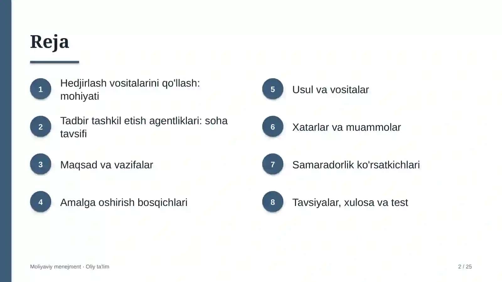 tadbirlarni tashkil etish agentliklarida hedjirlash vositalarini qo'llash 2501 2