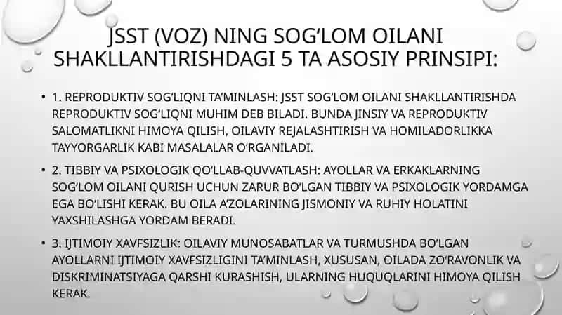 JSST(VOZ) ning sog‘lom oilani shakllantirishdagi 5 ta asosi. Erta yoshdagi va katta yoshli ayollardagi tug‘ruqlar. Qarindoshlar o‘rtasidagi nikox va  uning asoratlari.. 2