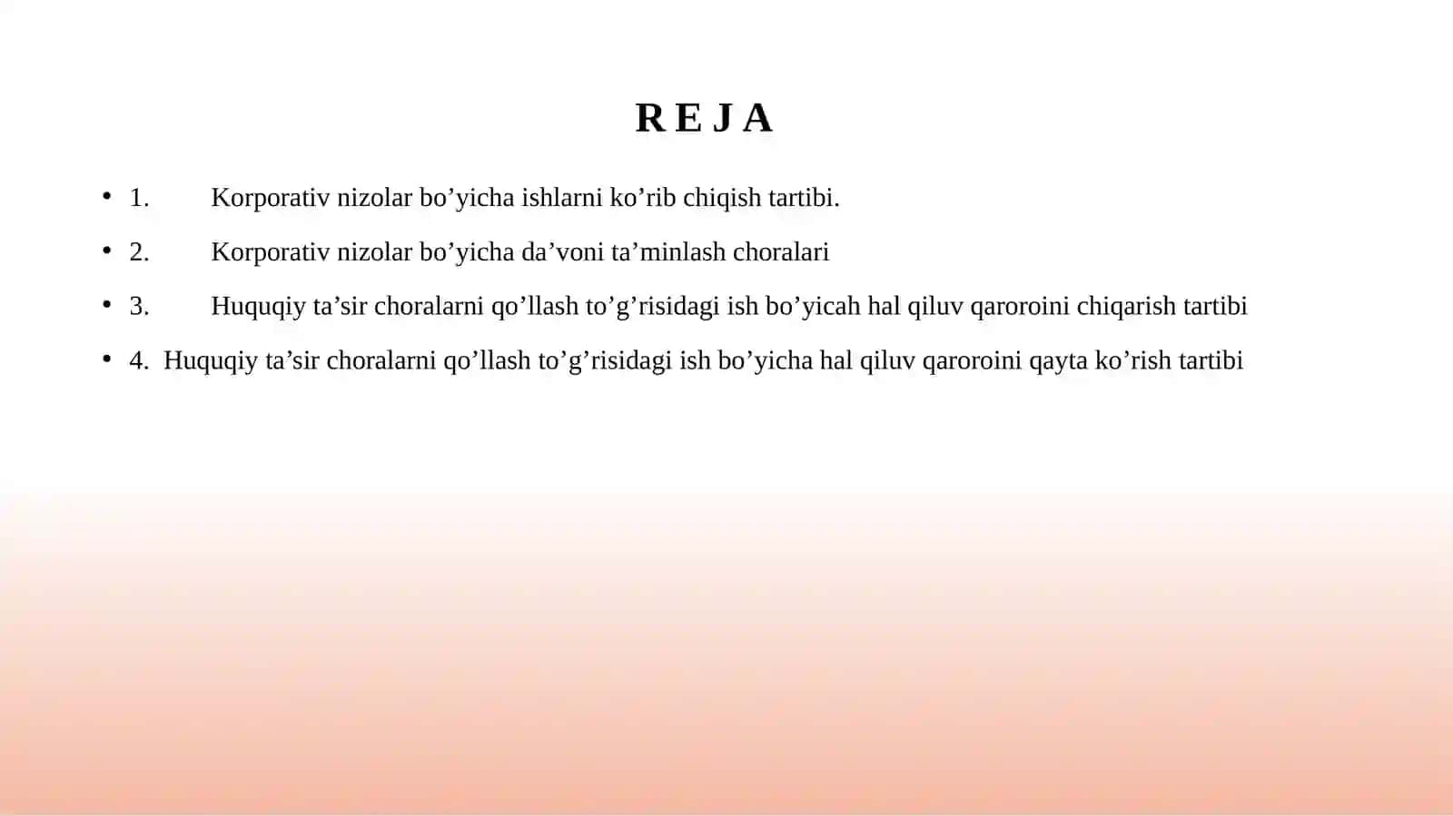 Korporativ nizolar bo’yicha ish yuritish.  Huquqiy ta’sir choralarini qo’llash to’g’risidagi ishlarni yuritish 2