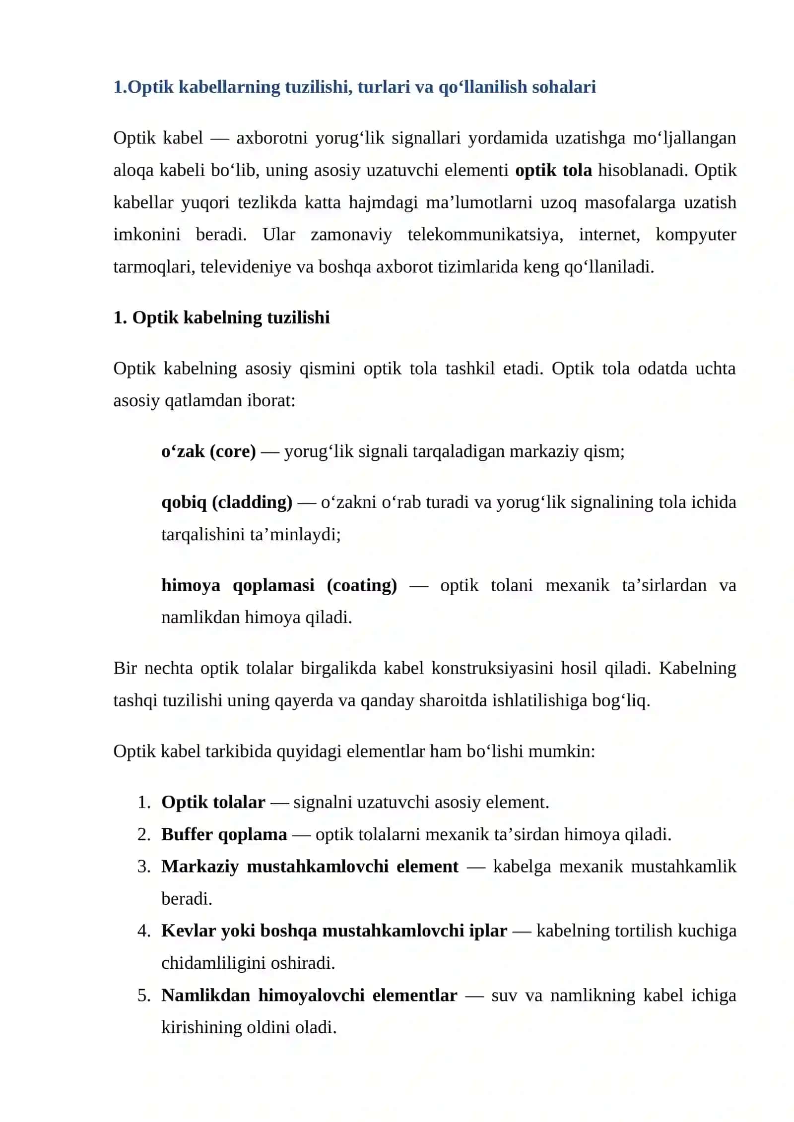 Optik kabelni montaj qilish va ularda ishlatiladigan jihozlarni o‘rganish 2