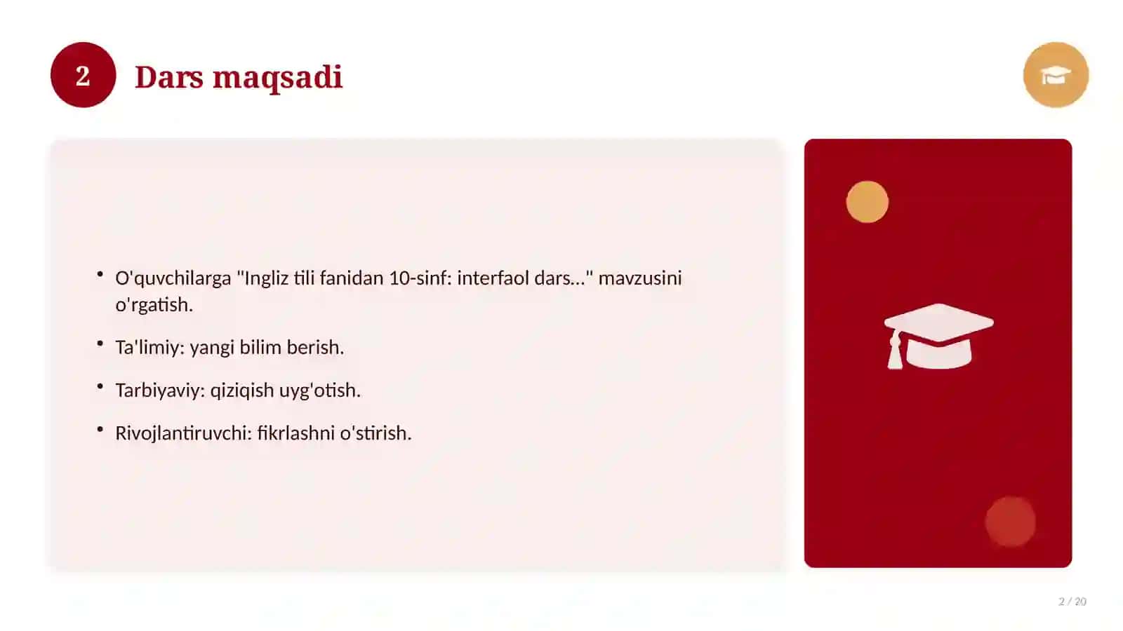 Ingliz tili fanidan 10-sinf: interfaol dars ishlanmasi 2
